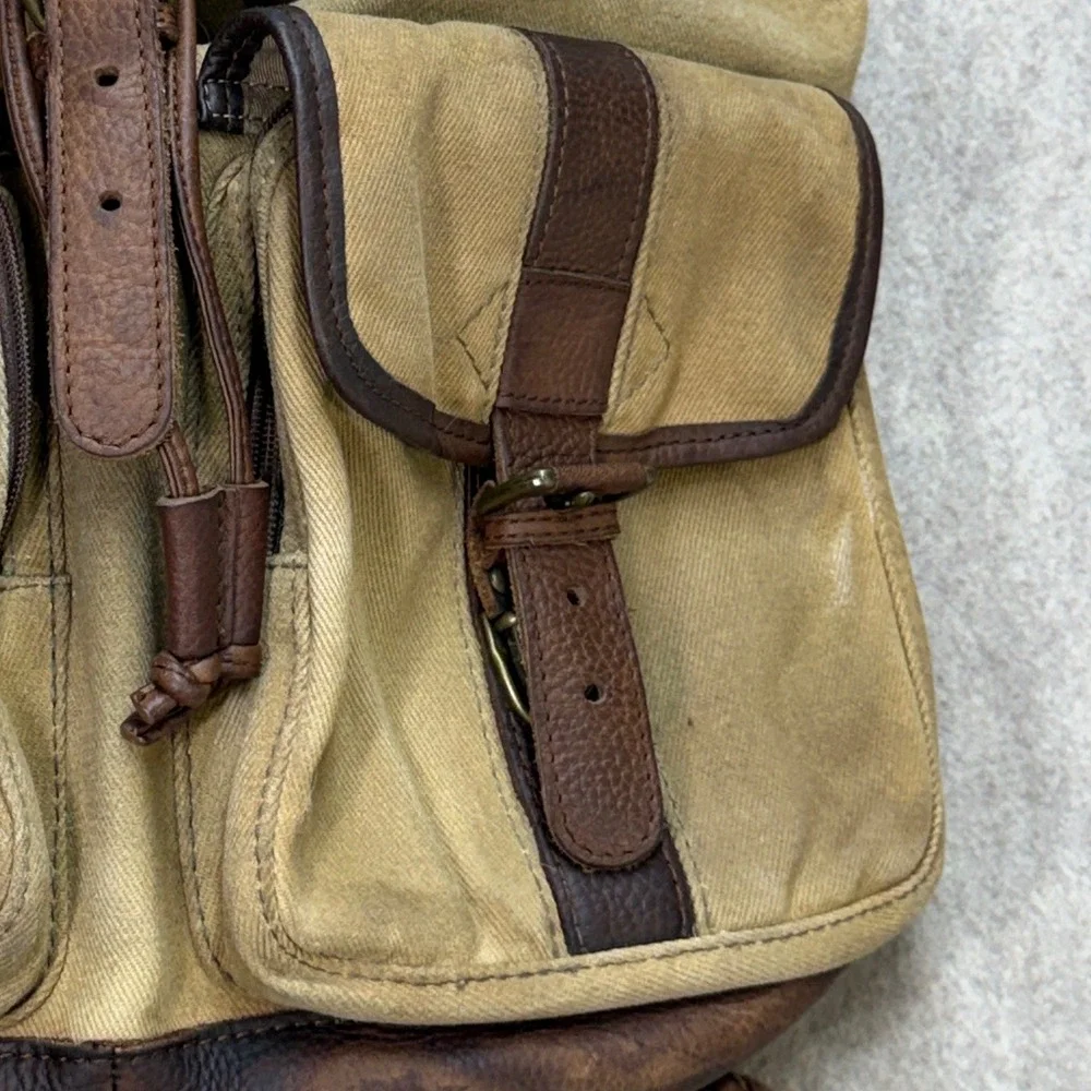Vintage LL Bean Continental Rucksack Waxed Canvas Leather Backpack Tan Brown 90s